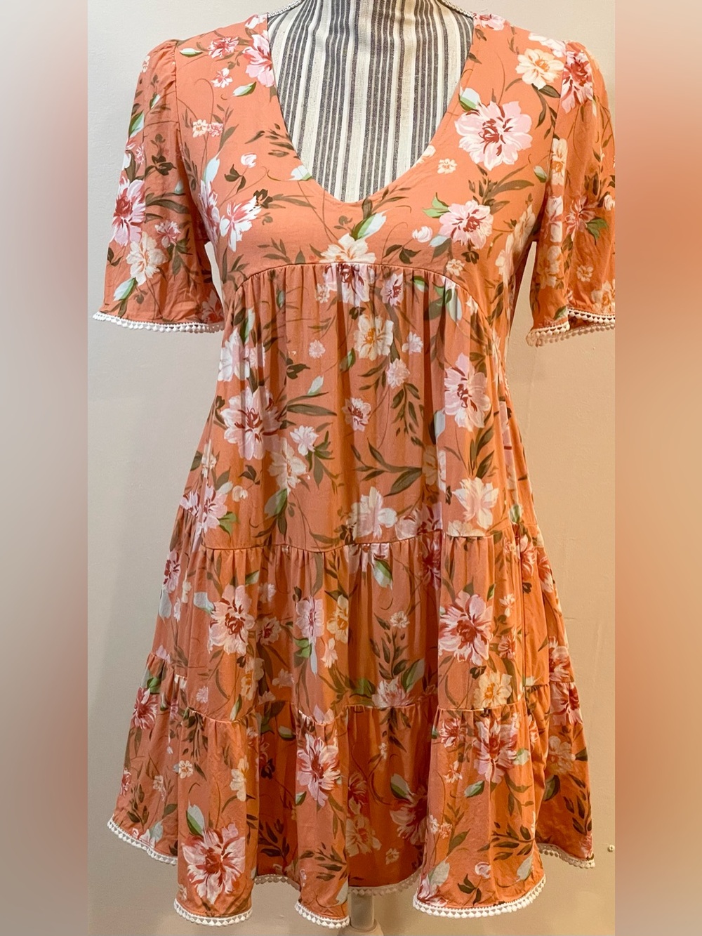 Floral Tiered Mini Dress in Peach - Women's